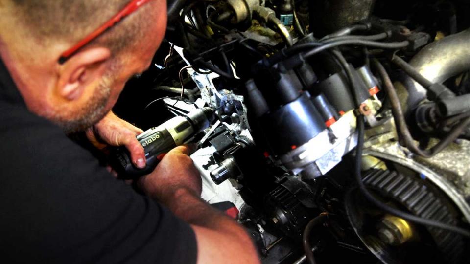 Drilling out a broken stud from the Porsche 928 water pump