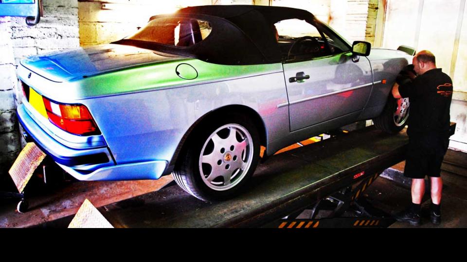 Rare Porsche 944 cabriolet is inspected for MOT test in sunny Devon