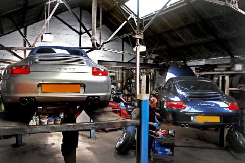 Two 911 Porsches receive maintenance work at Braunton